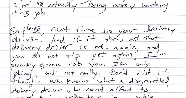 Woman Receives A Terrifying 4-Page Letter After Forgetting To Tip Her Delivery Driver